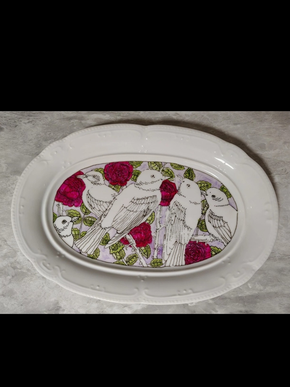 Hand Painted Floral Birds Delco Display Platter Serving Plate Signed